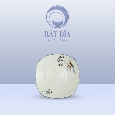 Đĩa Vuông Ảo Men Kem Vẽ Sen Nâu