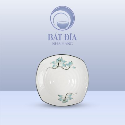 Đĩa Vuông Ảo Men Kem Vẽ Sen Xanh