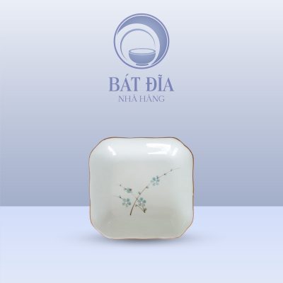 Đĩa Vuông Cắt Góc Men Kem Hoa Đào Xanh