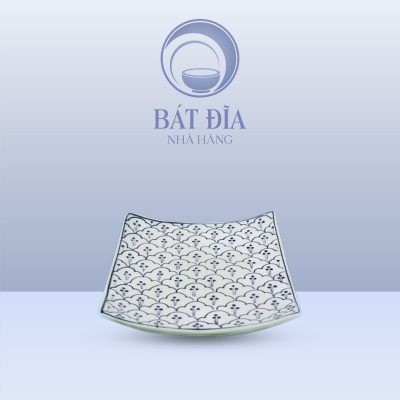 Đĩa Vuông Vếch Men Xanh Hoa Bèo