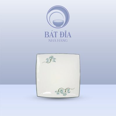 Đĩa Vuông Men Kem Vẽ Sen Xanh