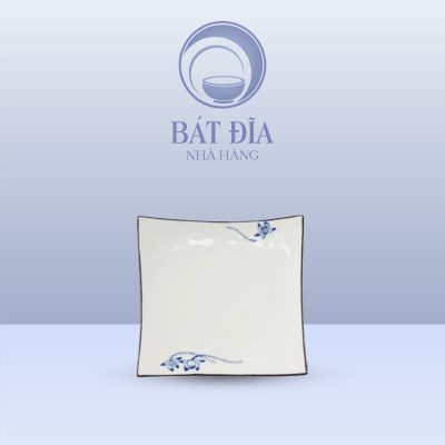 Đĩa Vuông Vếch Men Trắng Vẽ Sen Lam