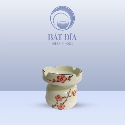 Gạt Tàn Cao Men Kem Vẽ Đào Đỏ