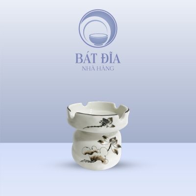 Gạt Tàn Cao Men Kem Vẽ Sen Nâu