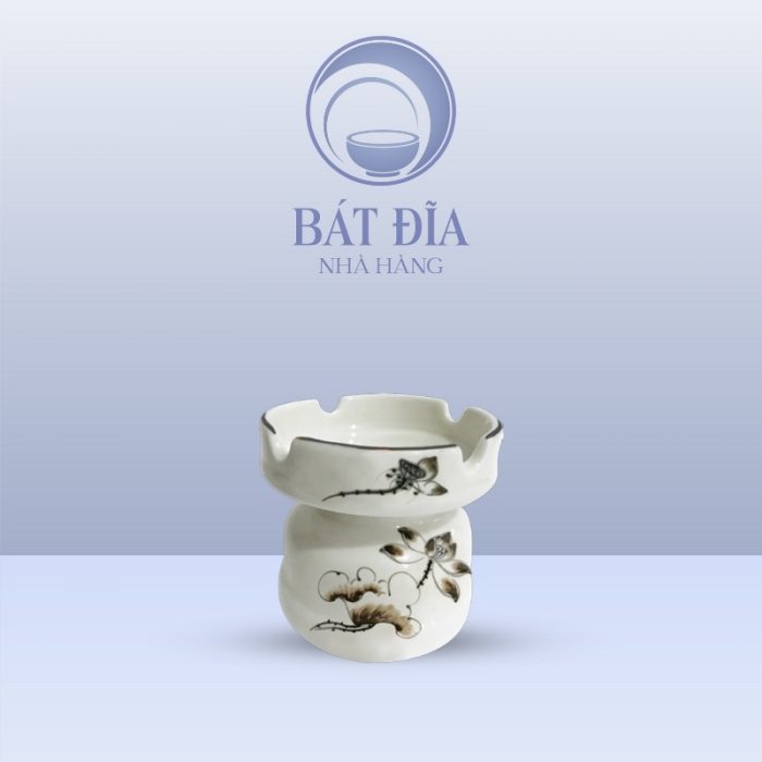 Gạt Tàn Cao Men Kem Vẽ Sen Nâu