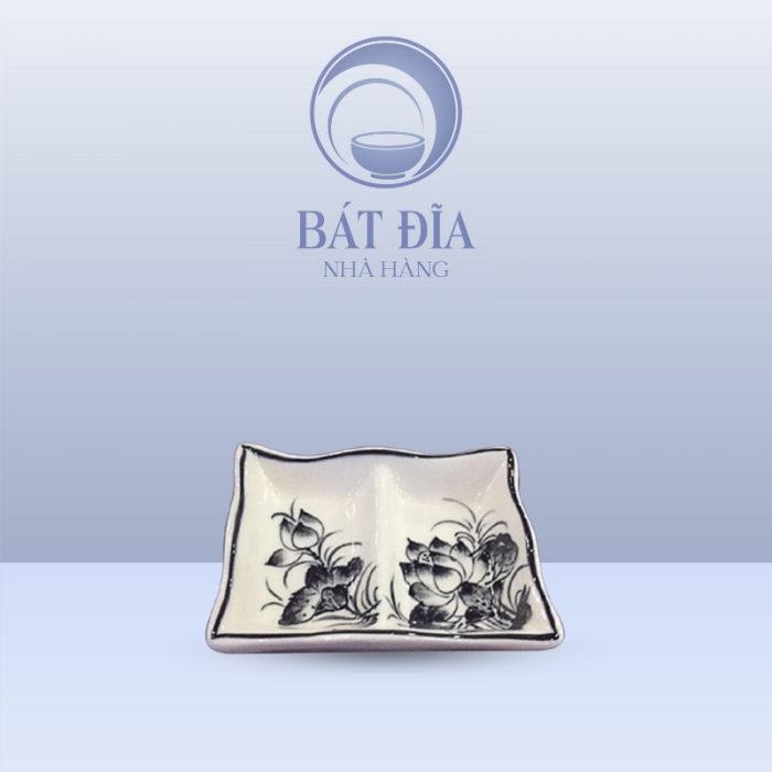 Gia Vị 2 Ngăn Lượn Men Trắng Vẽ Hoa Sen Đen