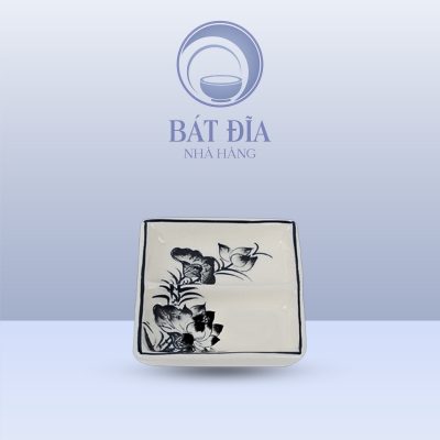 Gia Vị 2 Ngăn Vuông Men Trắng Vẽ Hoa Sen Đen