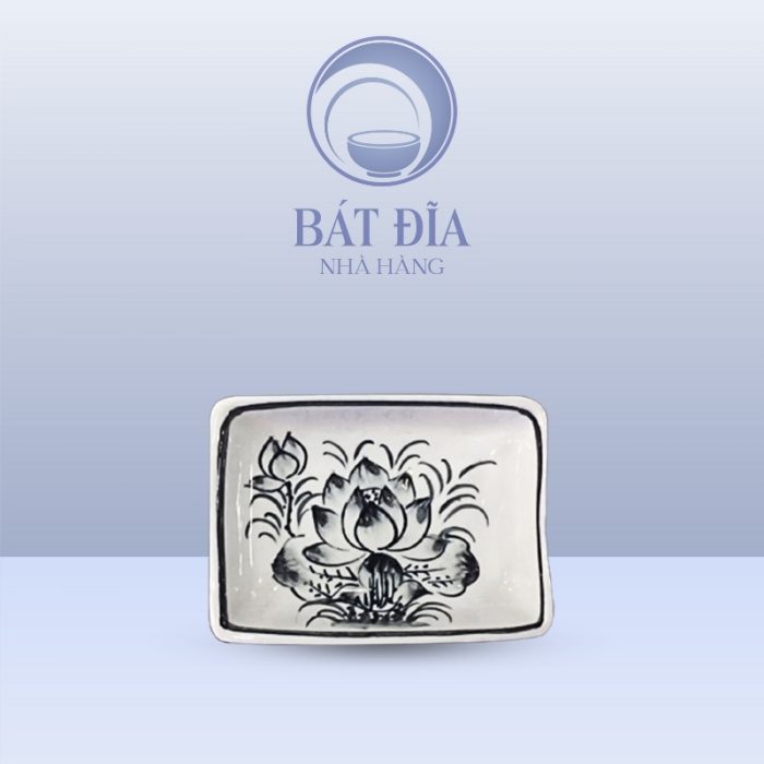 Gia Vị Chữ Nhật Men Trắng Vẽ Hoa Sen Đen