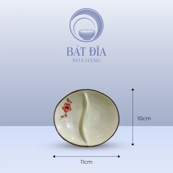 Kích Thước Gia Vị Oval 2 Ngăn Men Kem Vẽ Đào Đỏ