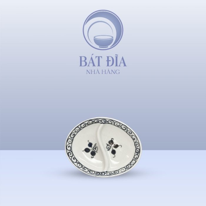 Gia Vị Oval 2 Ngăn Men Trắng Vẽ Hoa Dây