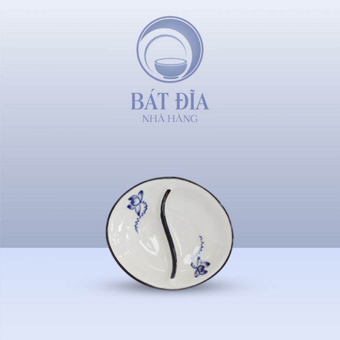 Gia Vị Oval 2 Ngăn Men Trắng Vẽ Sen Lam