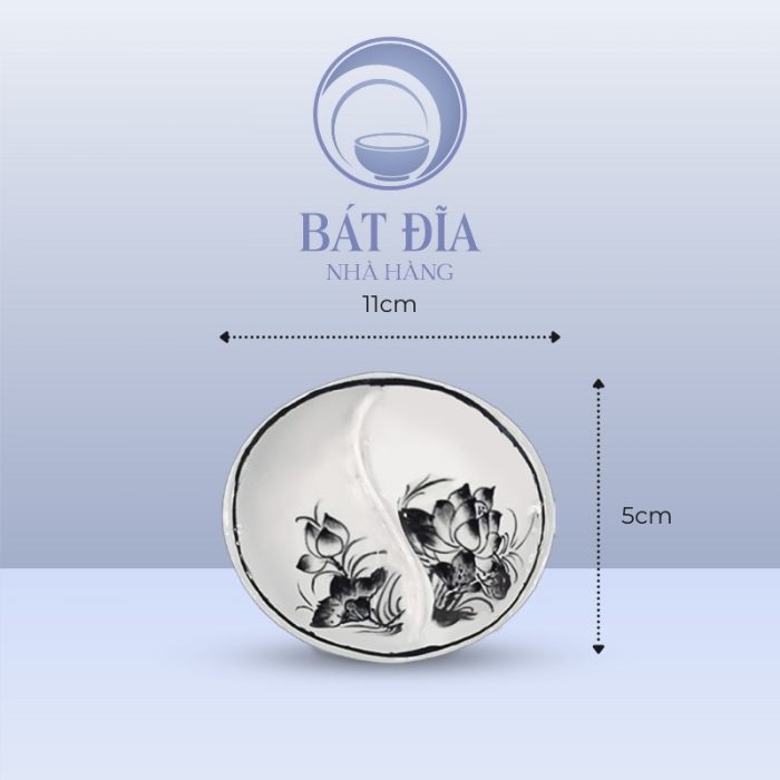 Kích Thước Gia Vị Oval 2 Ngăn Men Trắng Vẽ Hoa Sen Đen