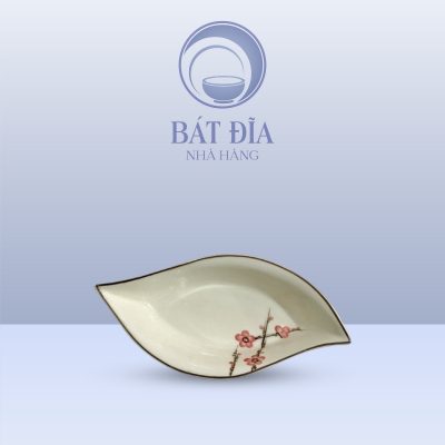 Đĩa Thuyền Men Kem Vẽ Đào Đỏ