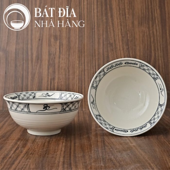 Tô Sâu Đựng Phở Men Trắng Ngà Vẽ Hoa Cổ In Logo