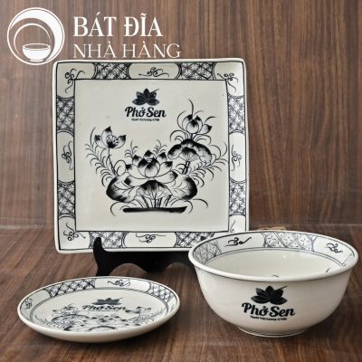 Tô Sâu Bún Phở Men Trắng Ngà Vẽ Hoa Sen In Logo