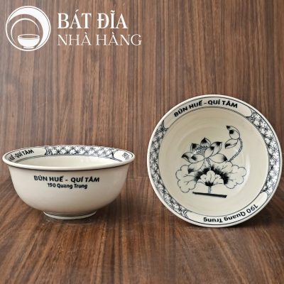 Tô Sâu Đựng Phở Men Trắng Ngà Vẽ Hoa Cổ In Logo