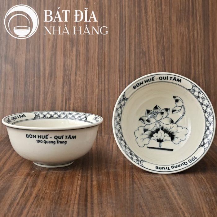 Tô Sâu Đựng Phở Men Trắng Ngà Vẽ Hoa Cổ In Logo