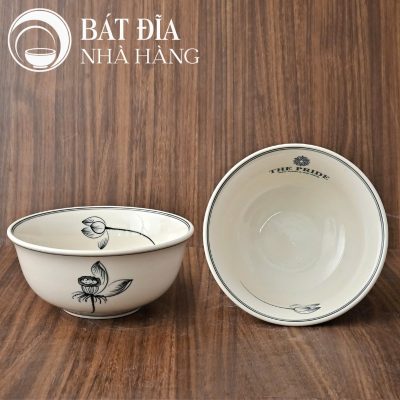 Tô Sâu Đựng Phở Men Trắng Ngà Vẽ Hoa Sen In Logo