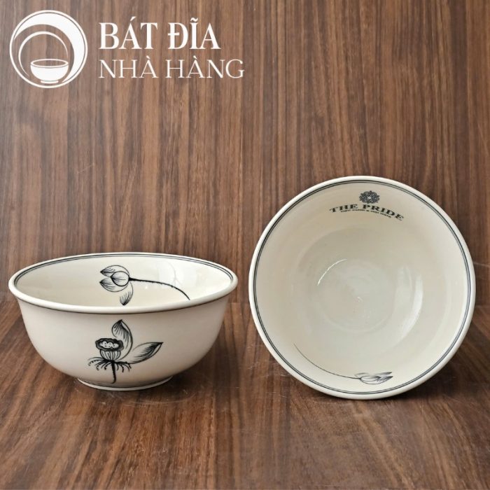 Tô Sâu Đựng Phở Men Trắng Ngà Vẽ Hoa Sen In Logo