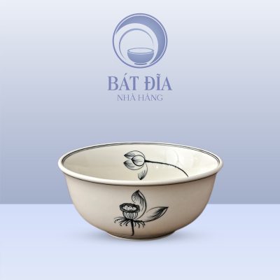 Tô Sâu Đựng Phở Men Trắng Ngà Vẽ Hoa Sen In Logo