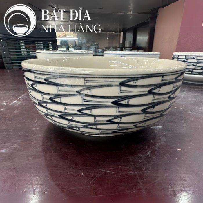 Tô Sâu Đựng Phở Men Trắng Vẽ Cá Đàn In Logo