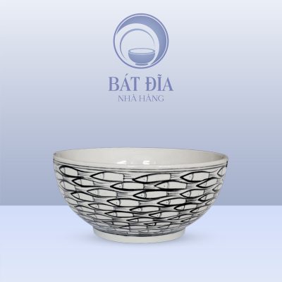 Tô Sâu Đựng Phở Men Trắng Vẽ Cá Đàn In Logo