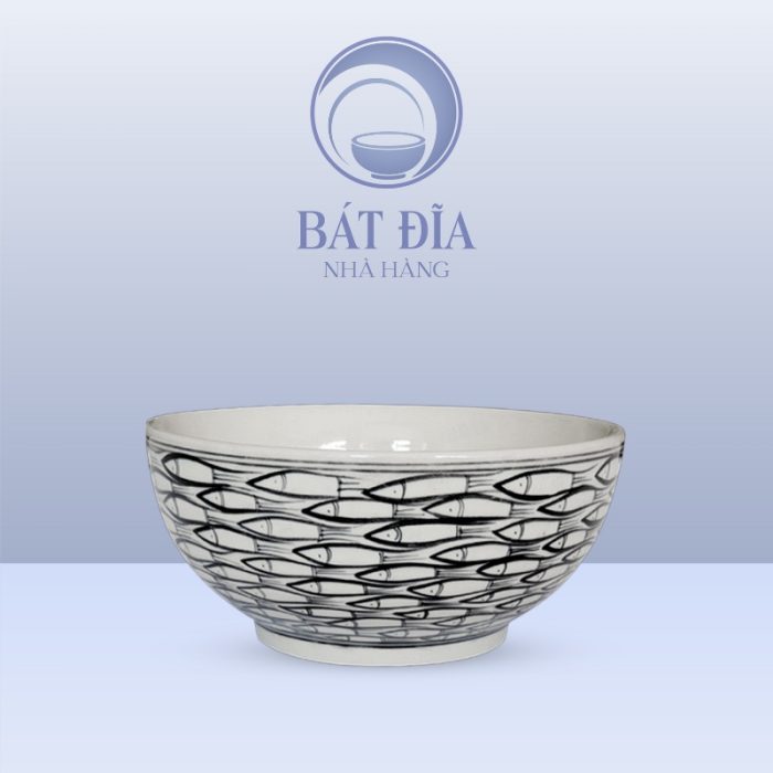 Tô Sâu Đựng Phở Men Trắng Vẽ Cá Đàn In Logo
