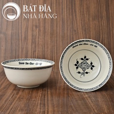 Tô Sâu Đựng Phở Men Trắng Vẽ Hoa Dây In Logo