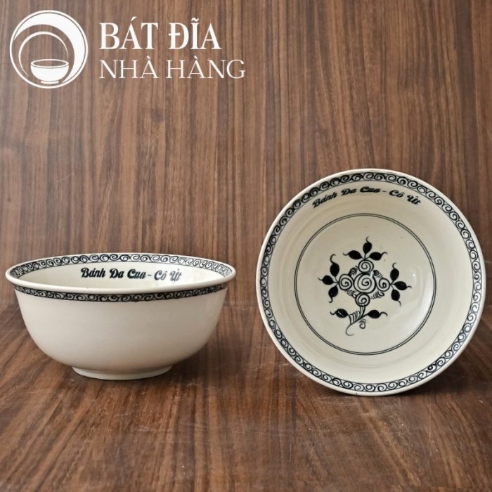 Tô Sâu Đựng Phở Men Trắng Vẽ Hoa Dây In Logo