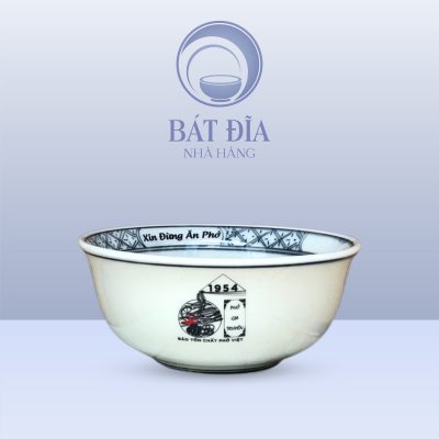 Tô Sâu Đựng Phở Men Trắng Vẽ Hoa Sen In Logo