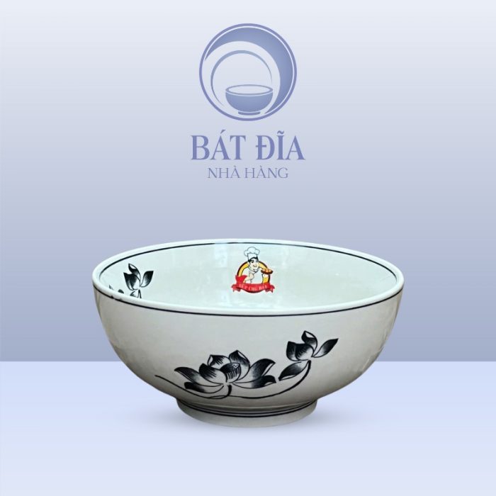 Tô Sâu Đựng Phở Men Trắng Vẽ Hoa Sen In Logo
