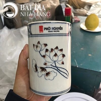 Tô Sâu Đựng Phở Men Trắng Vẽ Hoa Sen In Logo