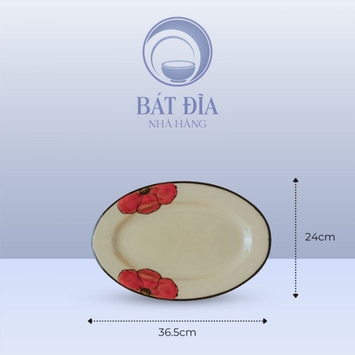 Kích thước Đĩa Bầu Dục Men Kem Hoa Sứ Đỏ
