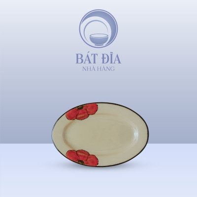Đĩa Bầu Dục Men Kem Hoa Sứ Đỏ
