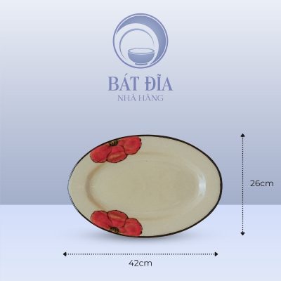 Kích thước Đĩa Bầu Dục Men Kem Hoa Sứ Đỏ