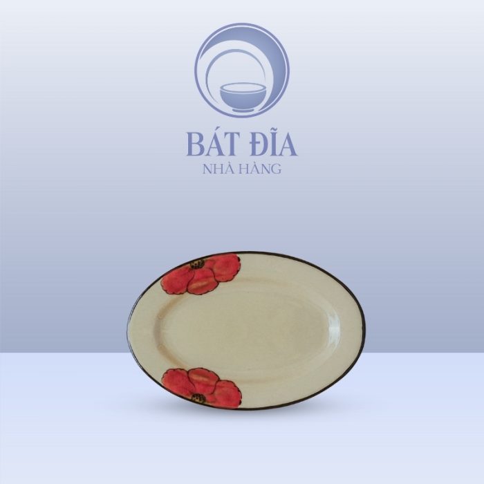Đĩa Bầu Dục Men Kem Hoa Sứ Đỏ