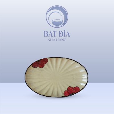 Đĩa Bầu Dục Múi Men Kem Hoa Sứ Đỏ