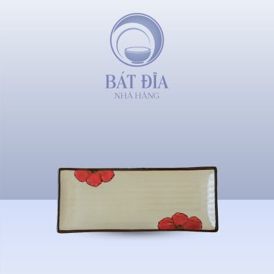 Đĩa Dài Men Kem Hoa Sứ Đỏ