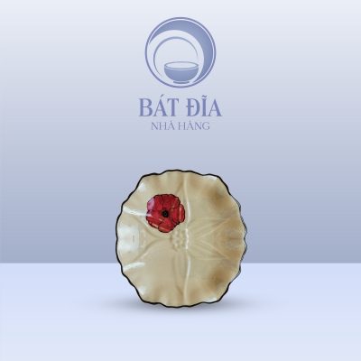 Đĩa Hoa Nổi Men Kem Hoa Sứ Đỏ