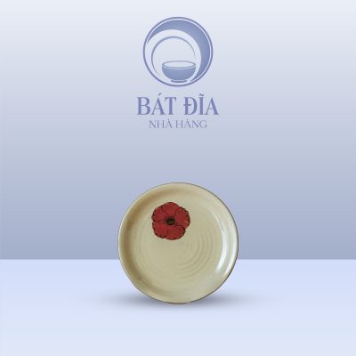 Đĩa Kê Capu Lớn Men Kem Hoa Sứ Đỏ