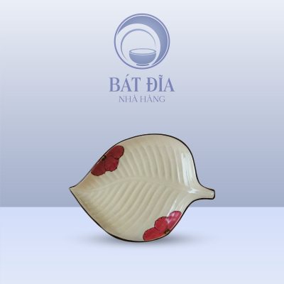 Đĩa Lá Trầu Men Kem Hoa Sứ Đỏ